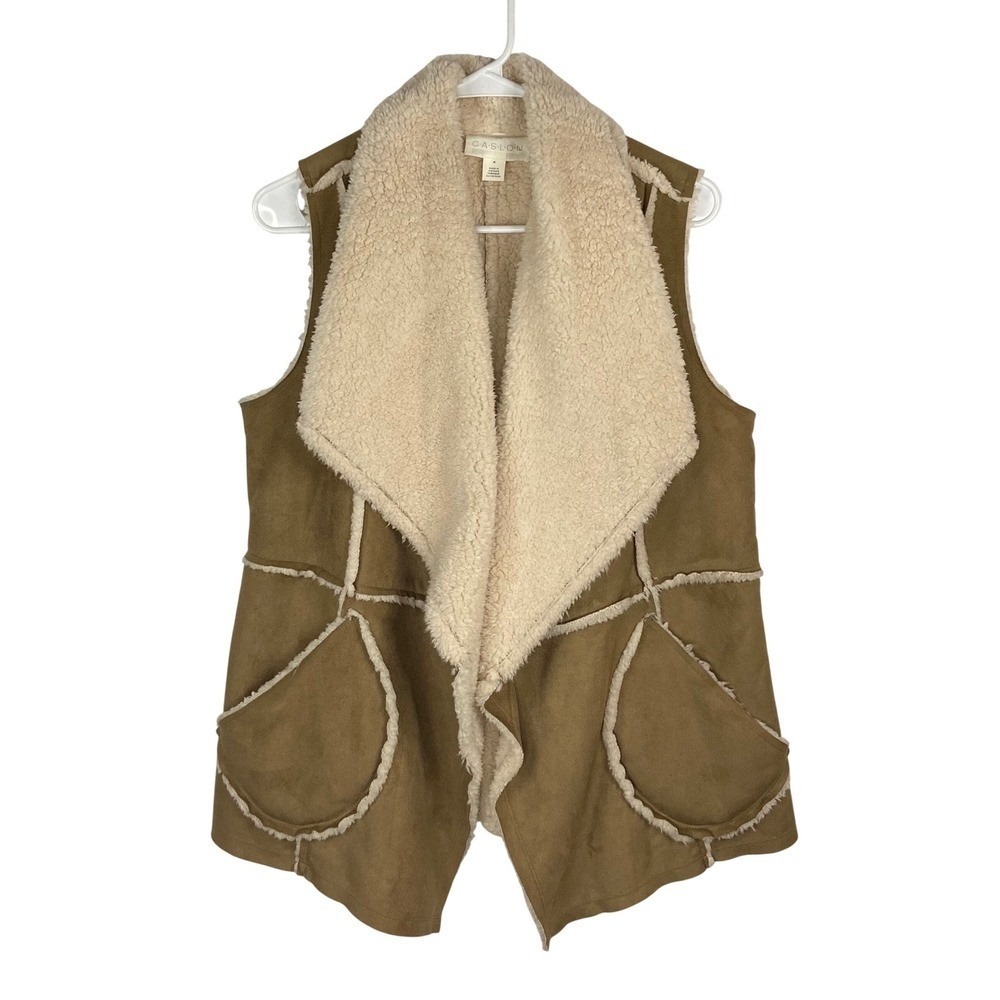 Caslon Womens Faux‎ Suede Shearling Draped Open Front Vest Tan Brown Size Medium